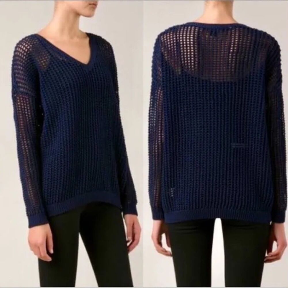 Vince Grid Mesh Open Knit V-Neck Sweater in Navy Blue Size Large EUC